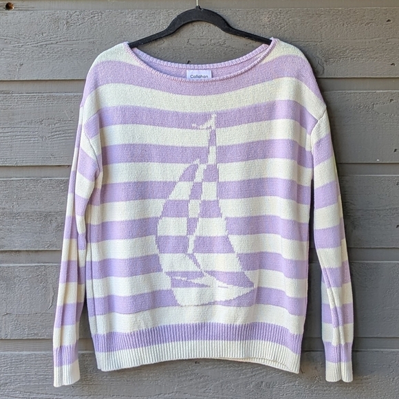 Callahan Sweaters - Callahan Knitwear Preppy Pastel Stripe Sailboat Boat Neck Sweater Size Small
